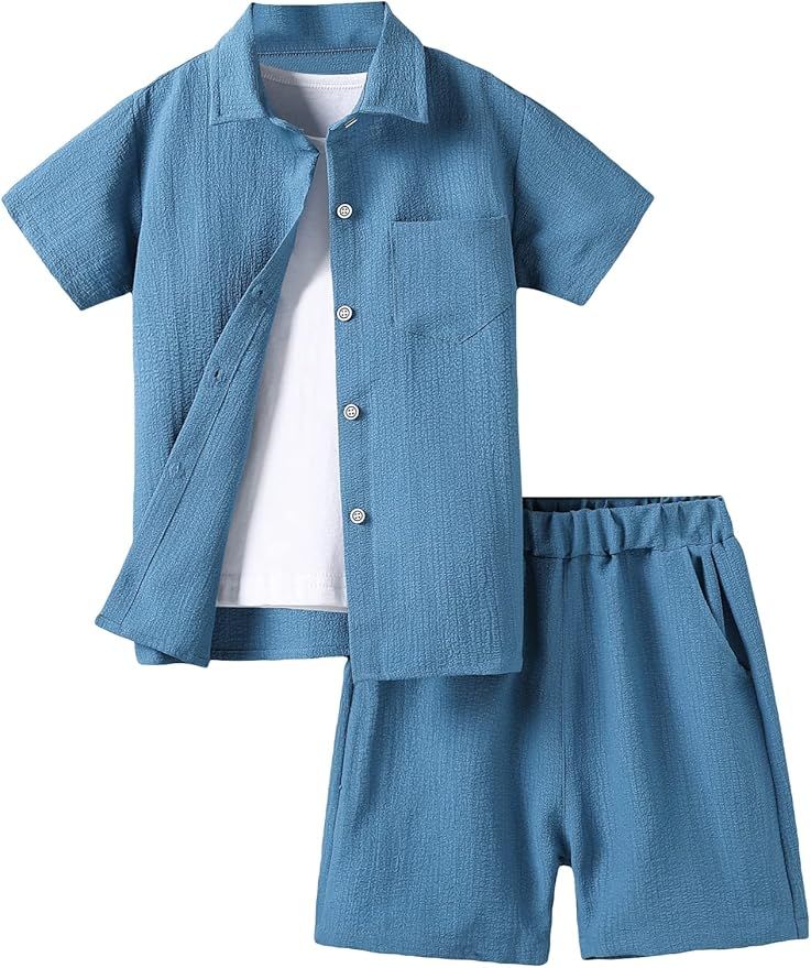 Light blue crinkle cotton button-up shirt and shorts set for children displayed in multiple views.