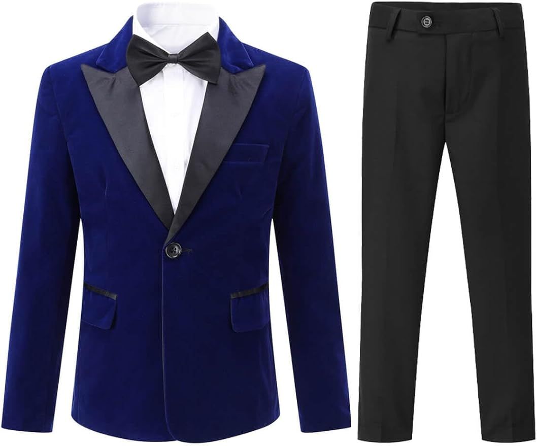 A royal blue velvet tuxedo jacket with black satin lapels paired with formal black trousers for elegant occasions.