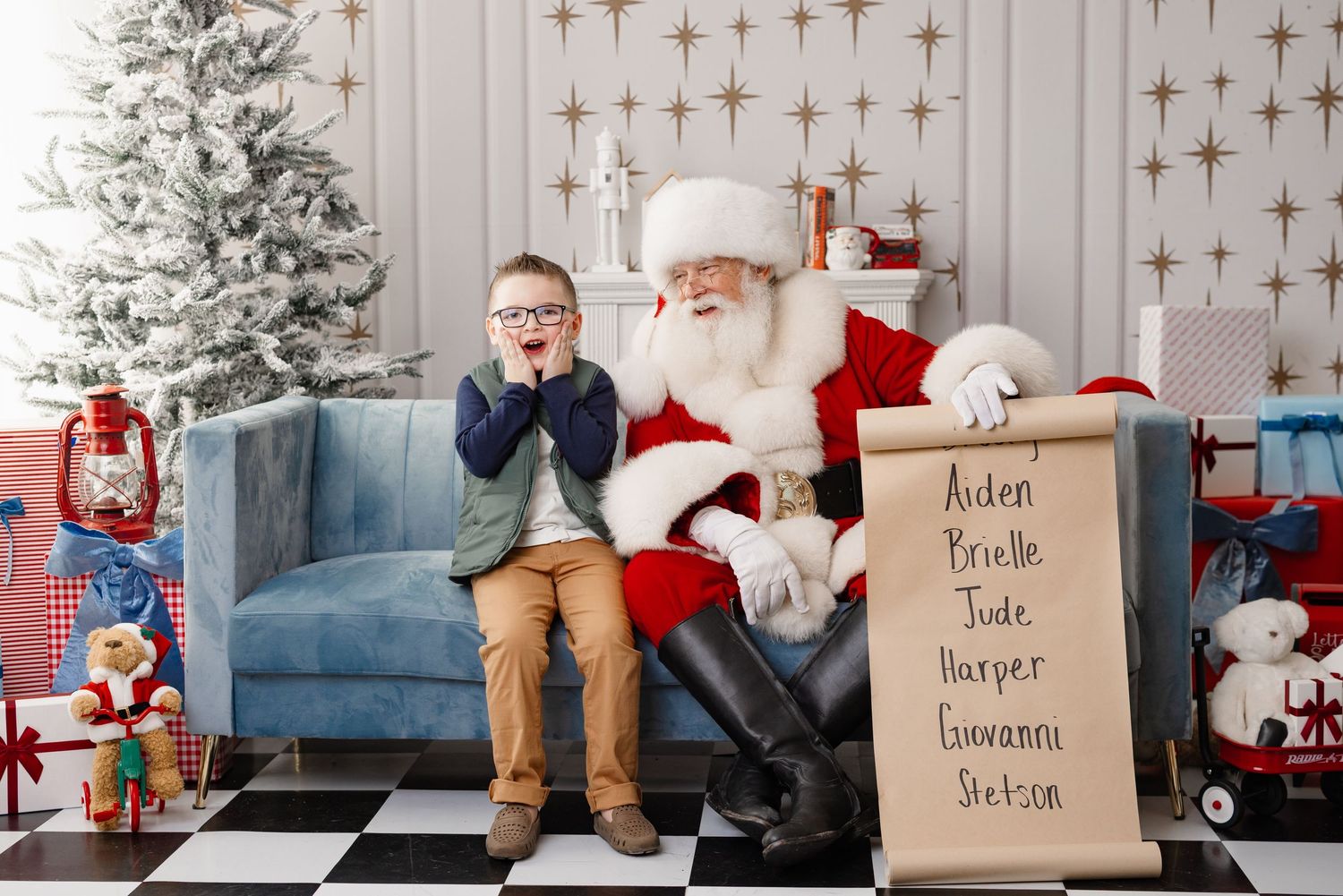 A series of holiday photos showing Santa Claus sitting in a cozy living room setting with festive decorations and gifts.