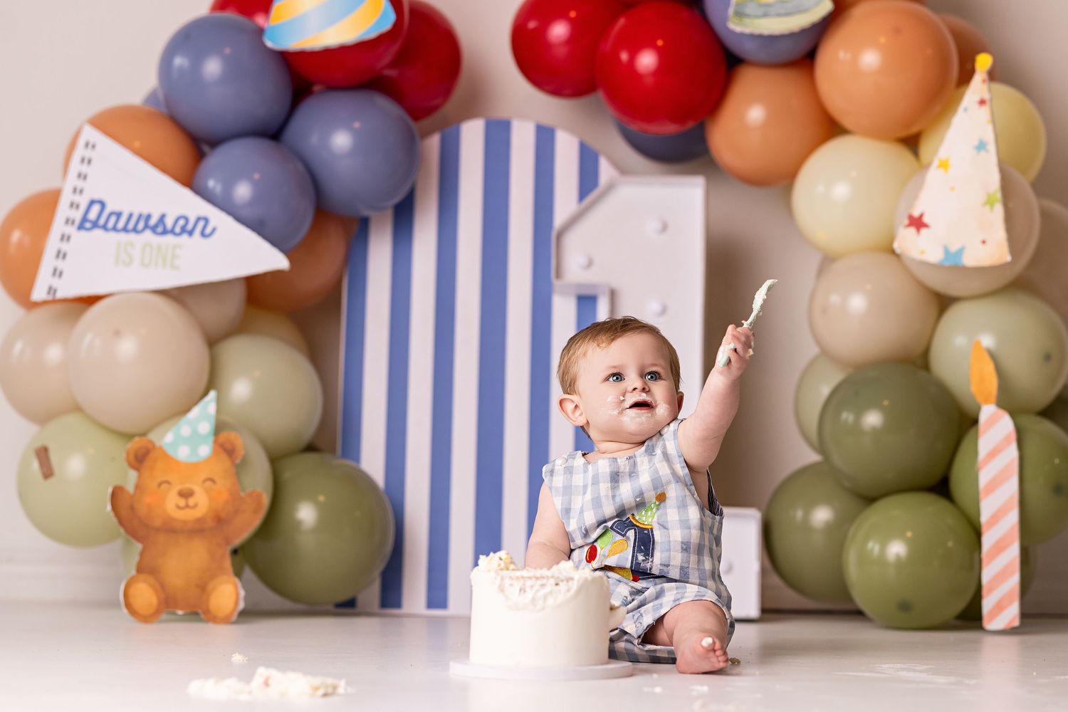 A series of birthday party photos with balloons, decorations, and cake arranged in a horizontal collage.