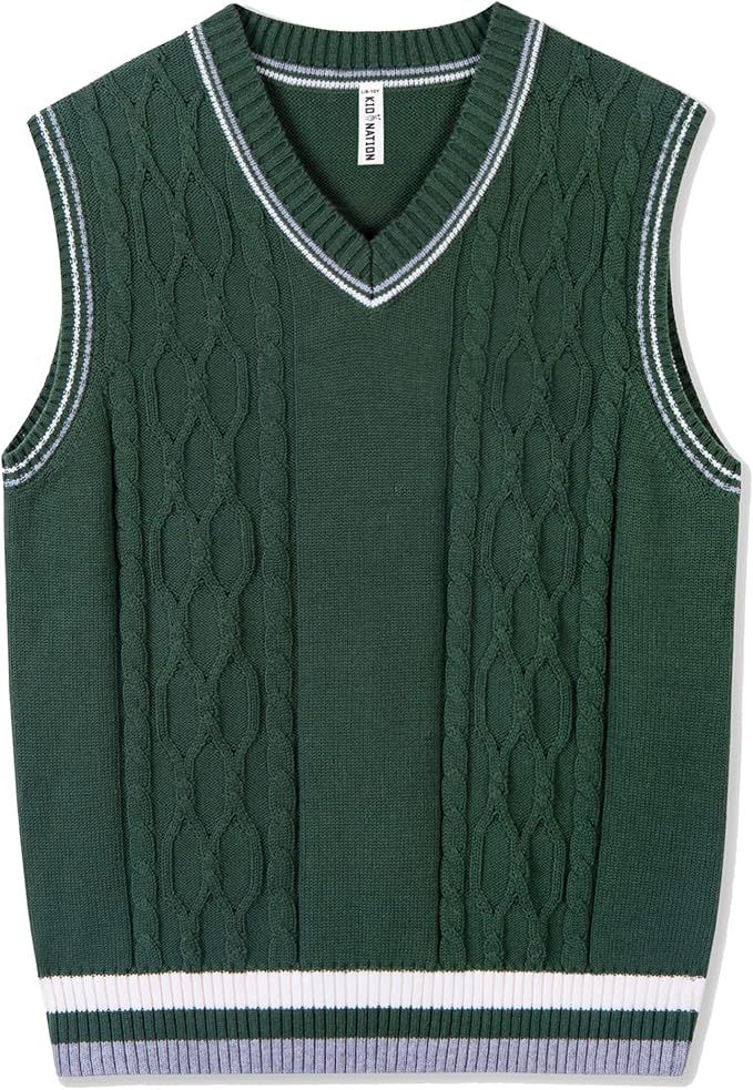 Green cable knit sweater vest with white trim showing different angles and details of the v-neck design.