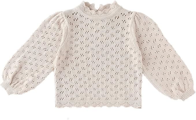 Intricate white floral knit cotton top with puff sleeves displayed in multiple angles.