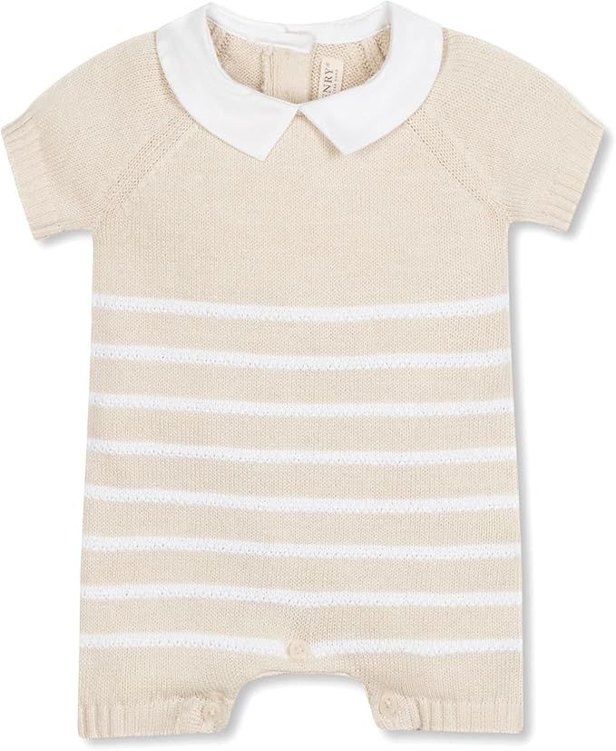 Beige and white striped baby romper with peter pan collar and short sleeves in knit fabric.