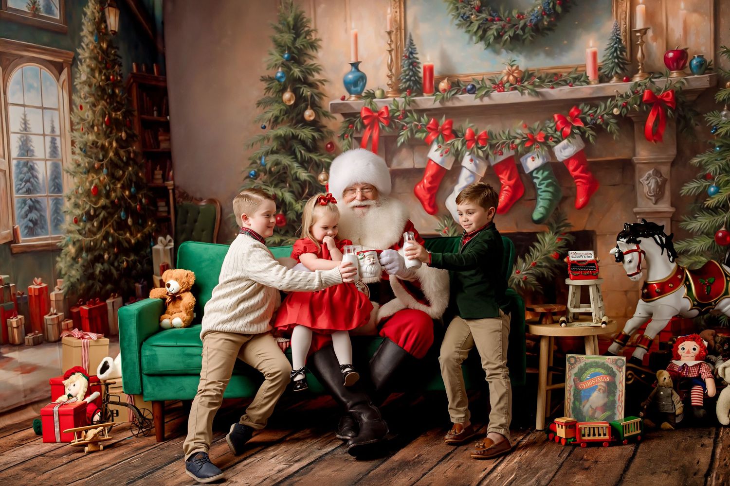 Playful Christmas scene with green sofa, decorated trees, and holiday stockings hanging on wall.
