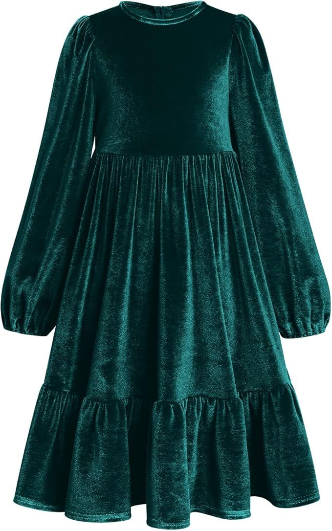 Emerald green velvet midi dress with long balloon sleeves and tiered ruffle hem in luxurious holiday party style.