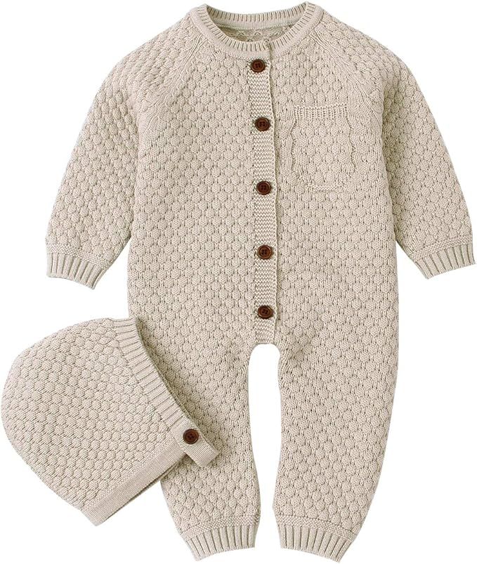 Cozy knit beige baby romper and matching hat with brown button details featuring a textured honeycomb pattern.