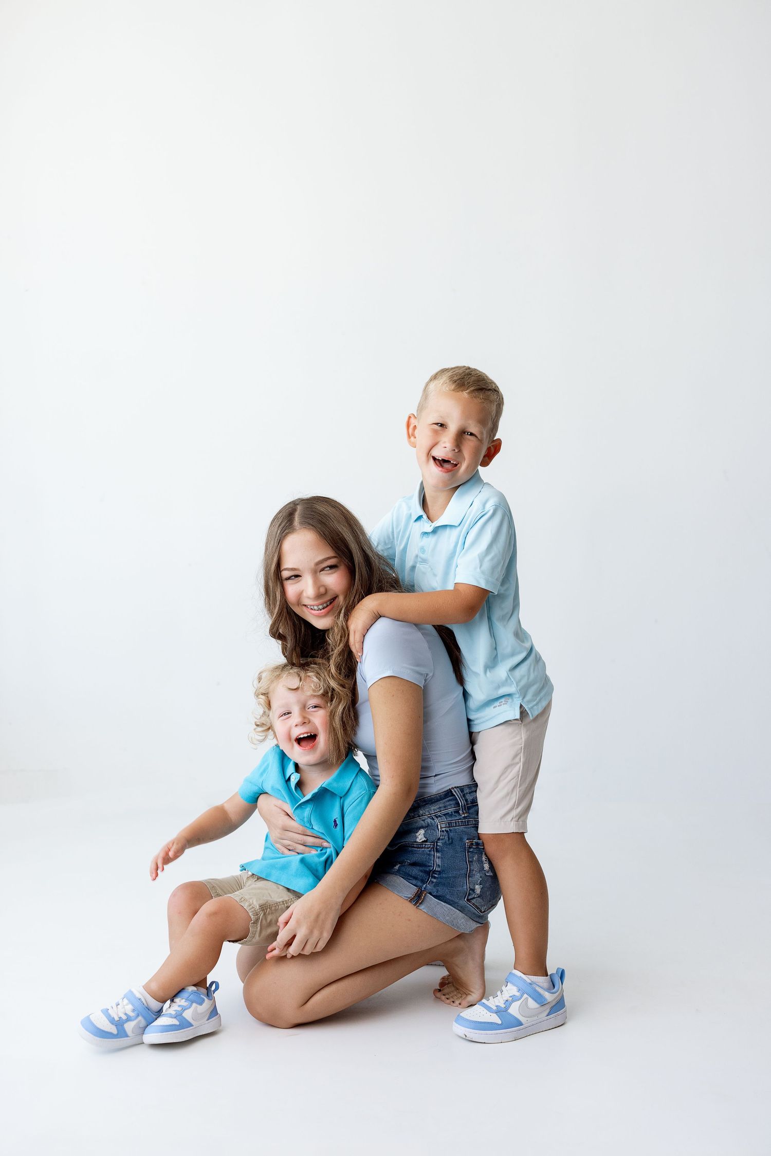 Playful family moment captured in three sequential photos showing joyful interaction on white background.