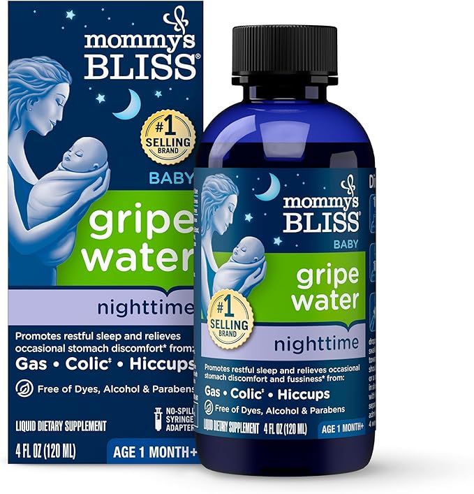 A bottle of Mommy's Bliss Gripe Water nighttime formula supplement for babies showing packaging and container.