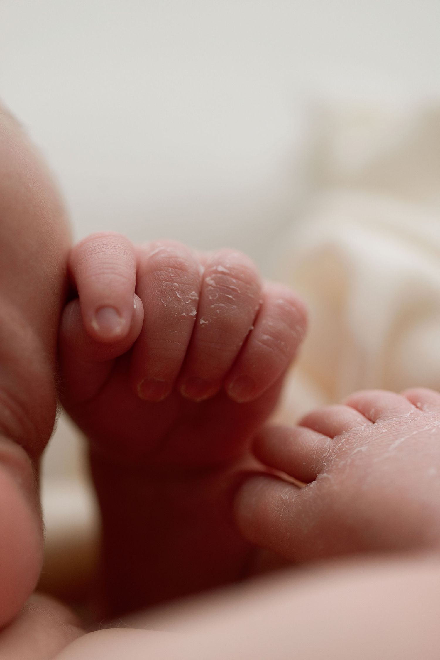 Close-up view of tiny newborn baby toes and feet in soft focus against blurred background.