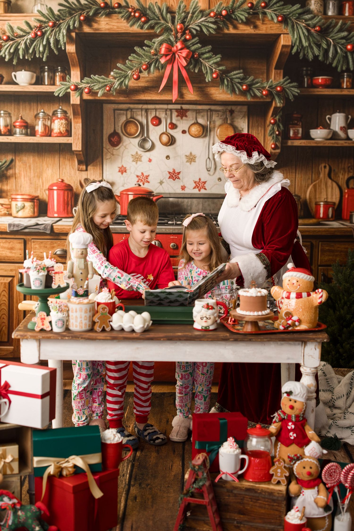 Cozy Christmas kitchen scene with stockings hanging, decorative garland, and festive holiday baking activities.