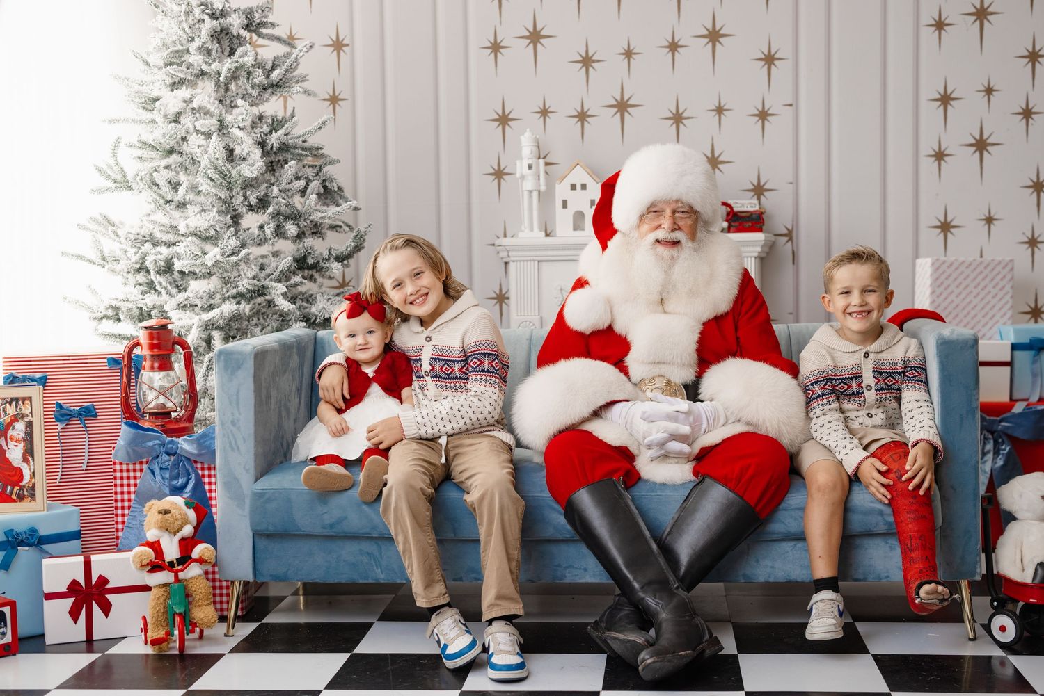 A festive holiday photo collage showing Christmas decorations, presents, and cozy winter scenes against a snowy backdrop.