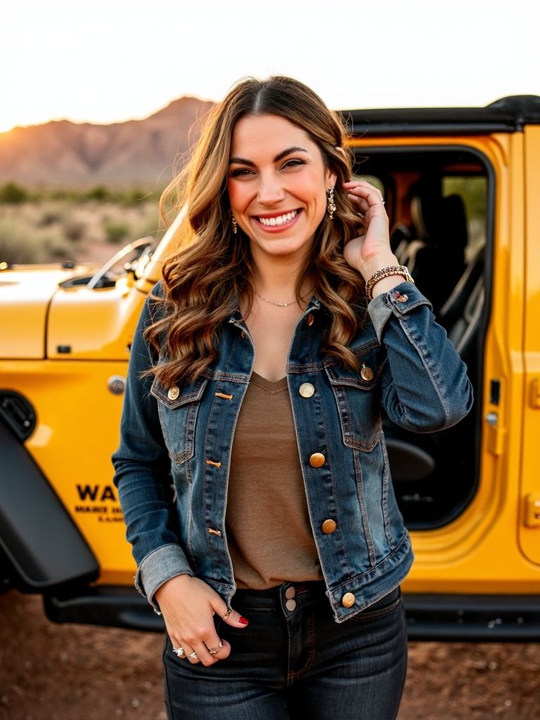 Fashion portrait series showing casual denim jacket styling against a yellow vehicle in desert landscape.