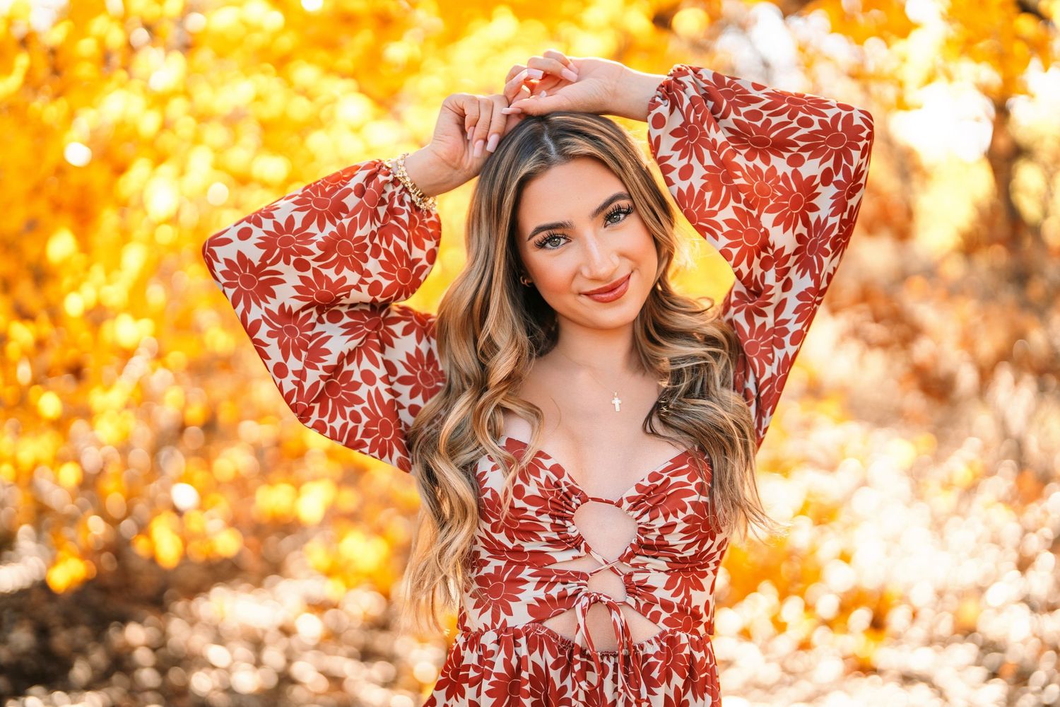 Close-up portrait series with vibrant fall colors and bokeh effects.