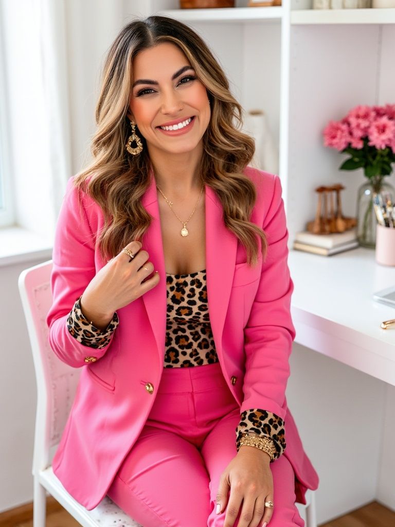 A stylish pink power suit paired with leopard print top creates a chic office look.