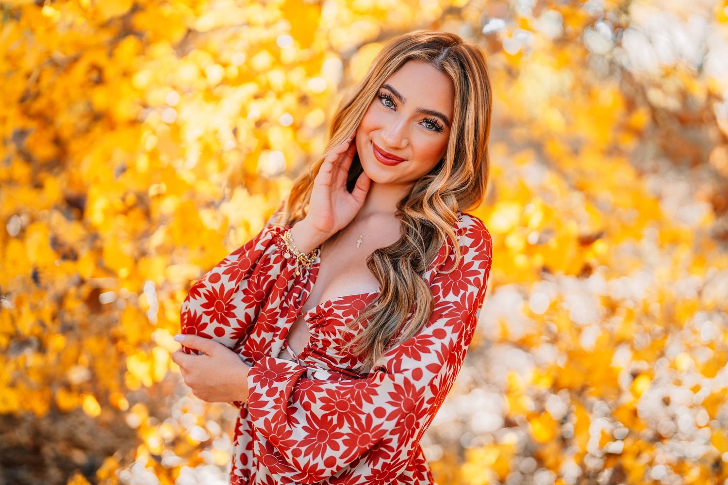 Portrait series against vibrant yellow autumn foliage background.