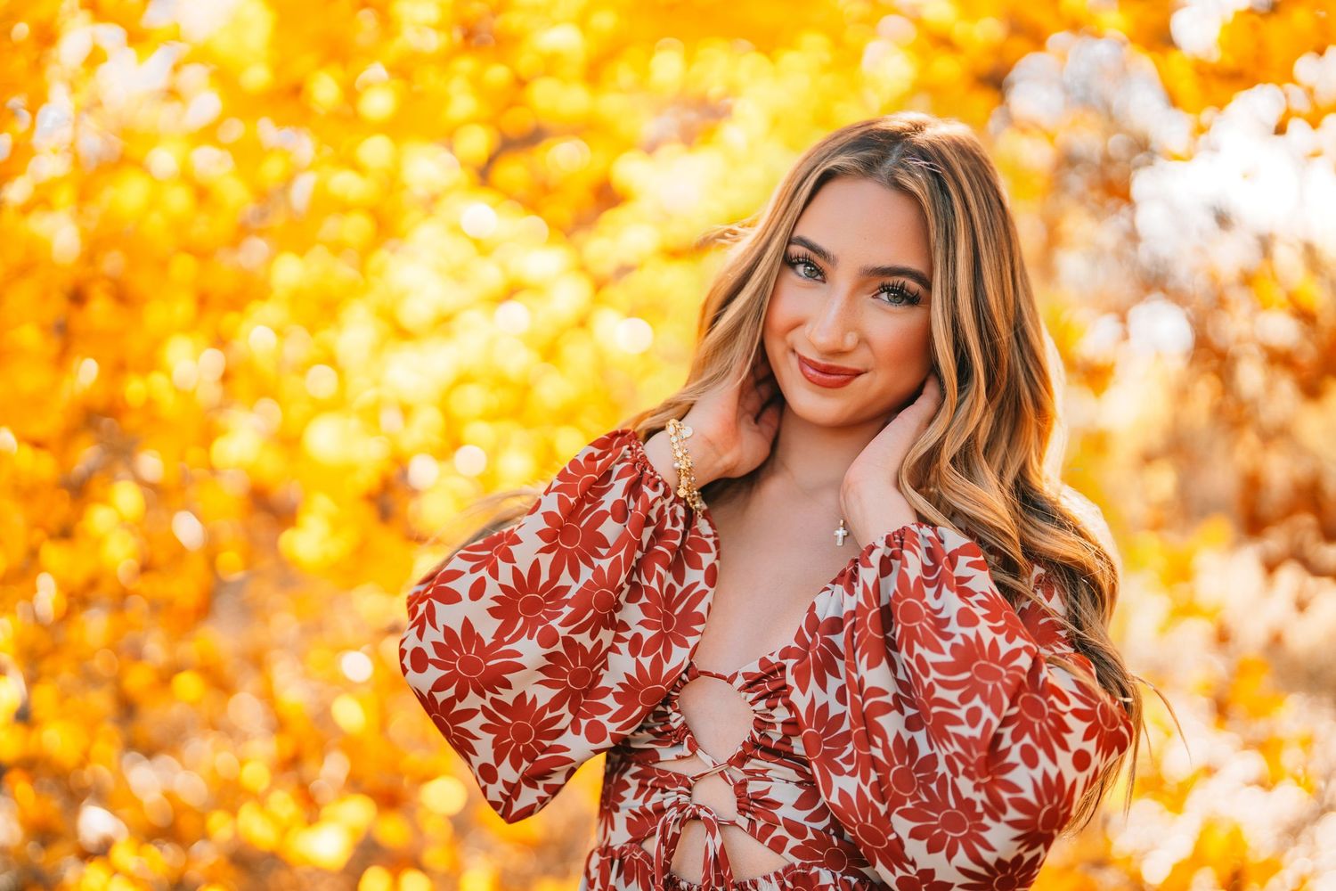 Series of autumn portraits with bright orange and yellow fall foliage.