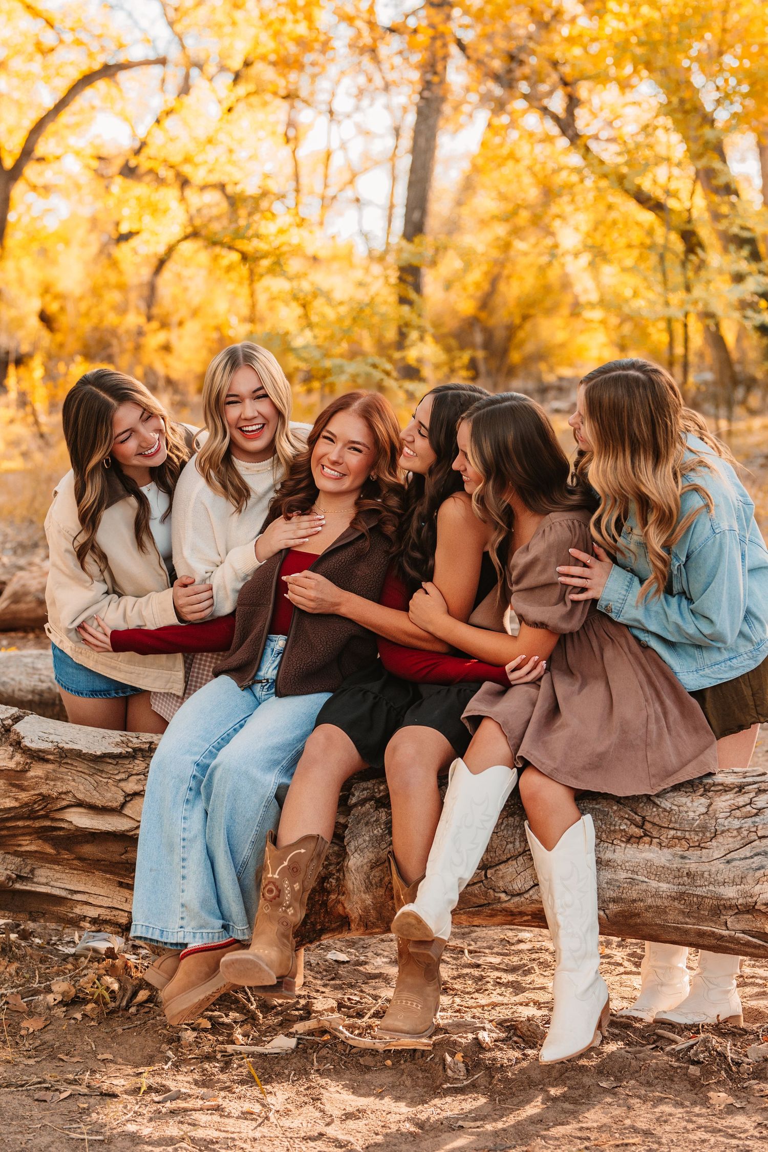 Friends sitting together on fallen log sharing laughs during golden hour in autumn setting.