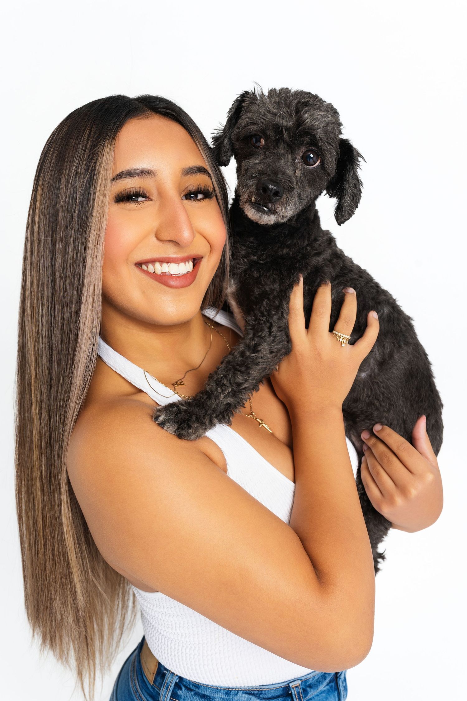 Series of joyful poses with a small black dog against white background.