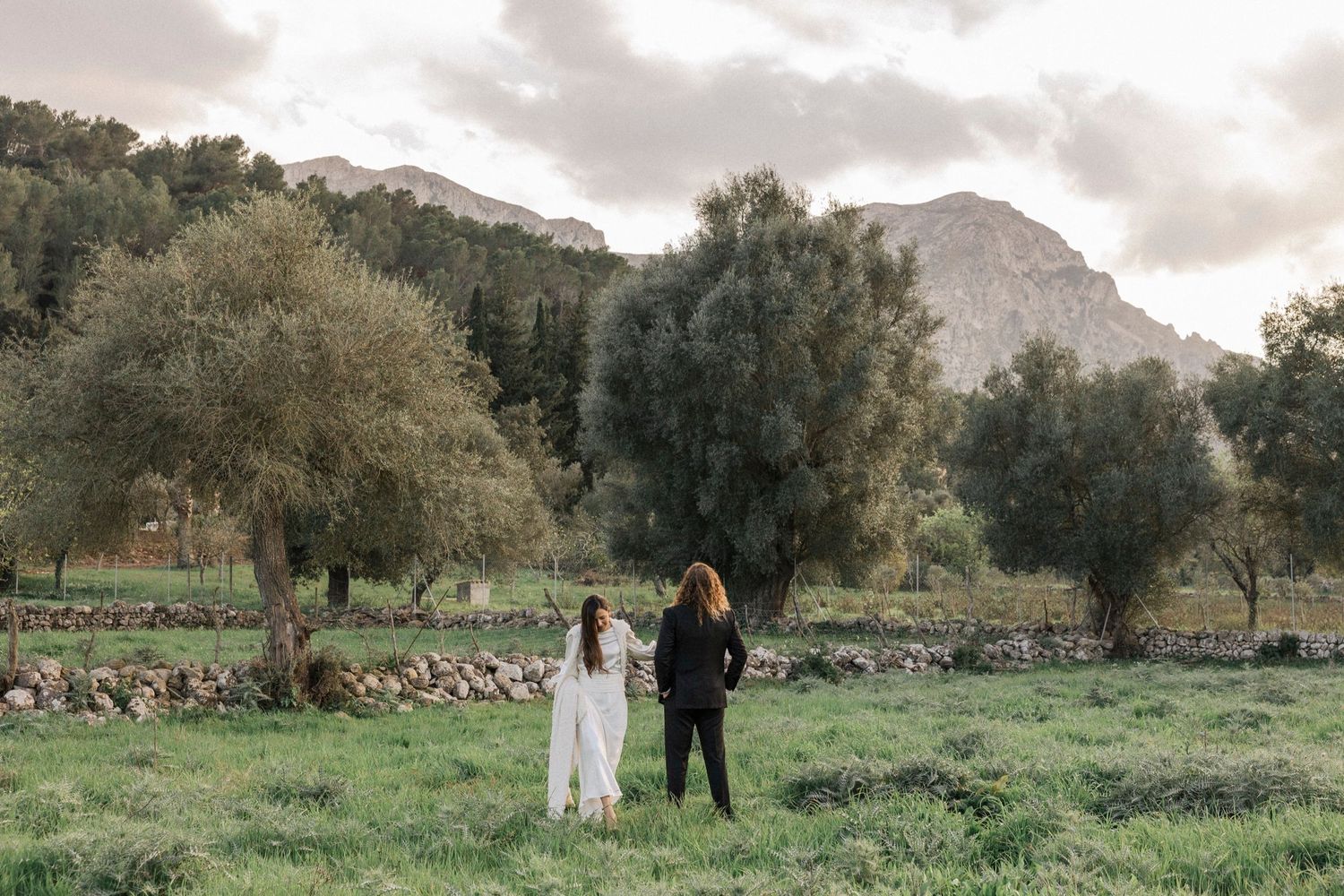 A romantic countryside wedding photo with mountains and olive trees creating a scenic backdrop.