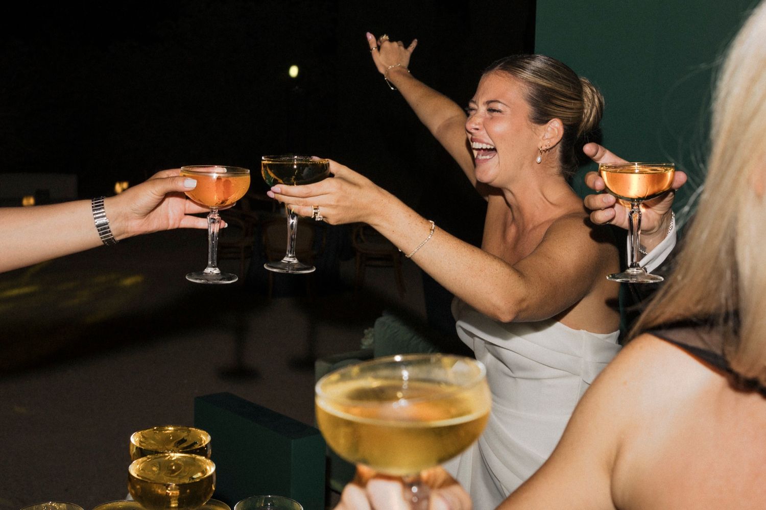 Wedding guests raise glasses in celebration during reception party.