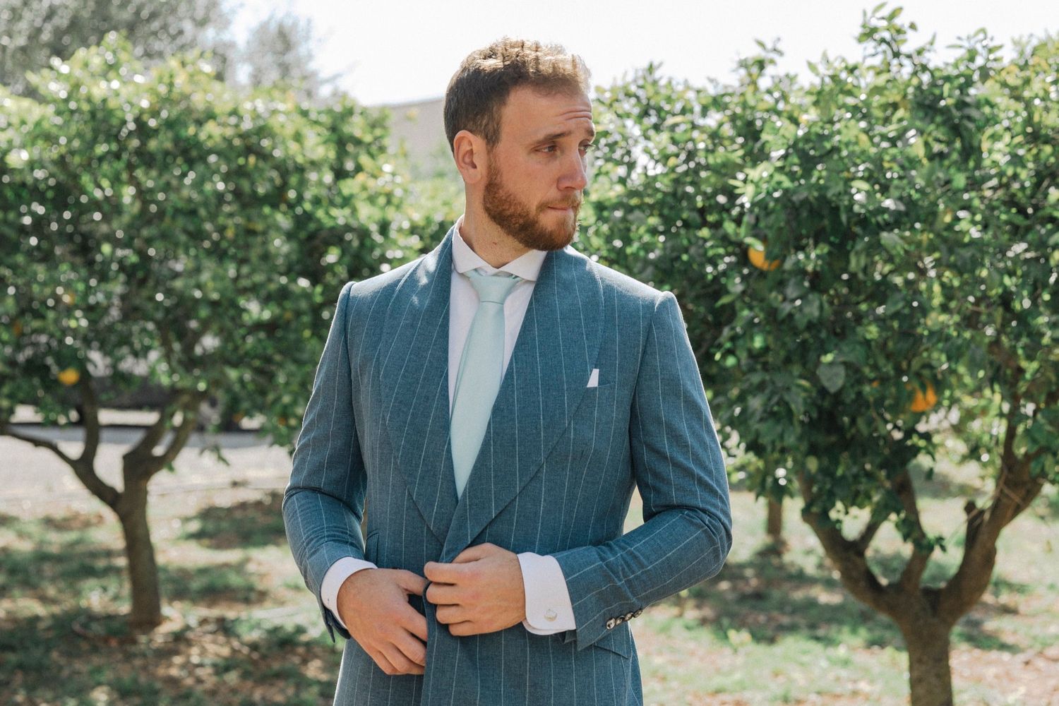 A person in a blue jacket walks through a sunny citrus grove with orange trees.
