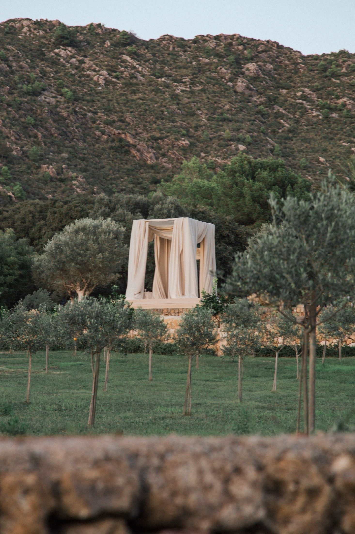 Modern wooden architectural structure nestled among olive trees with rugged mountains in the background at dusk.