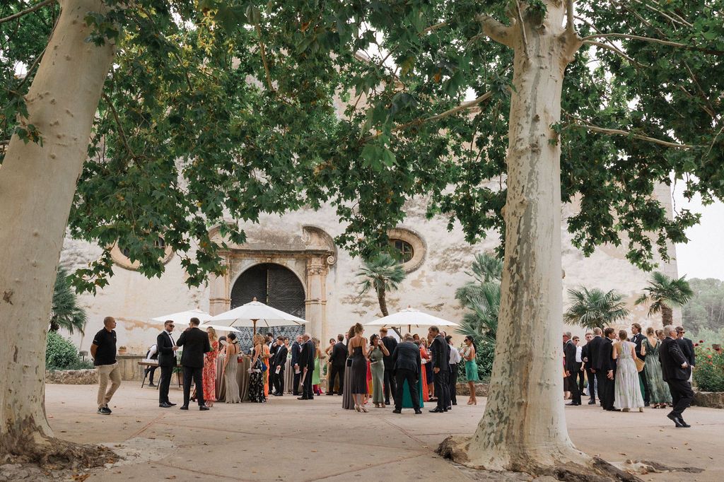 Large trees provide shade over an outdoor event space with guests gathered below.