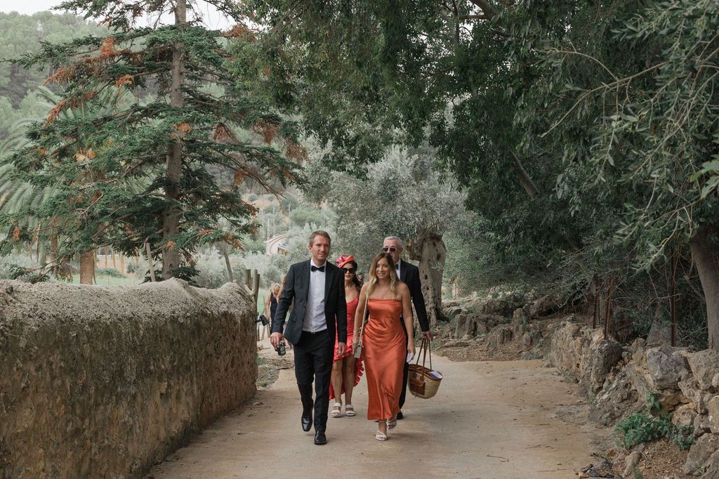 Tree-lined pathway at an elegant outdoor venue with guests walking.