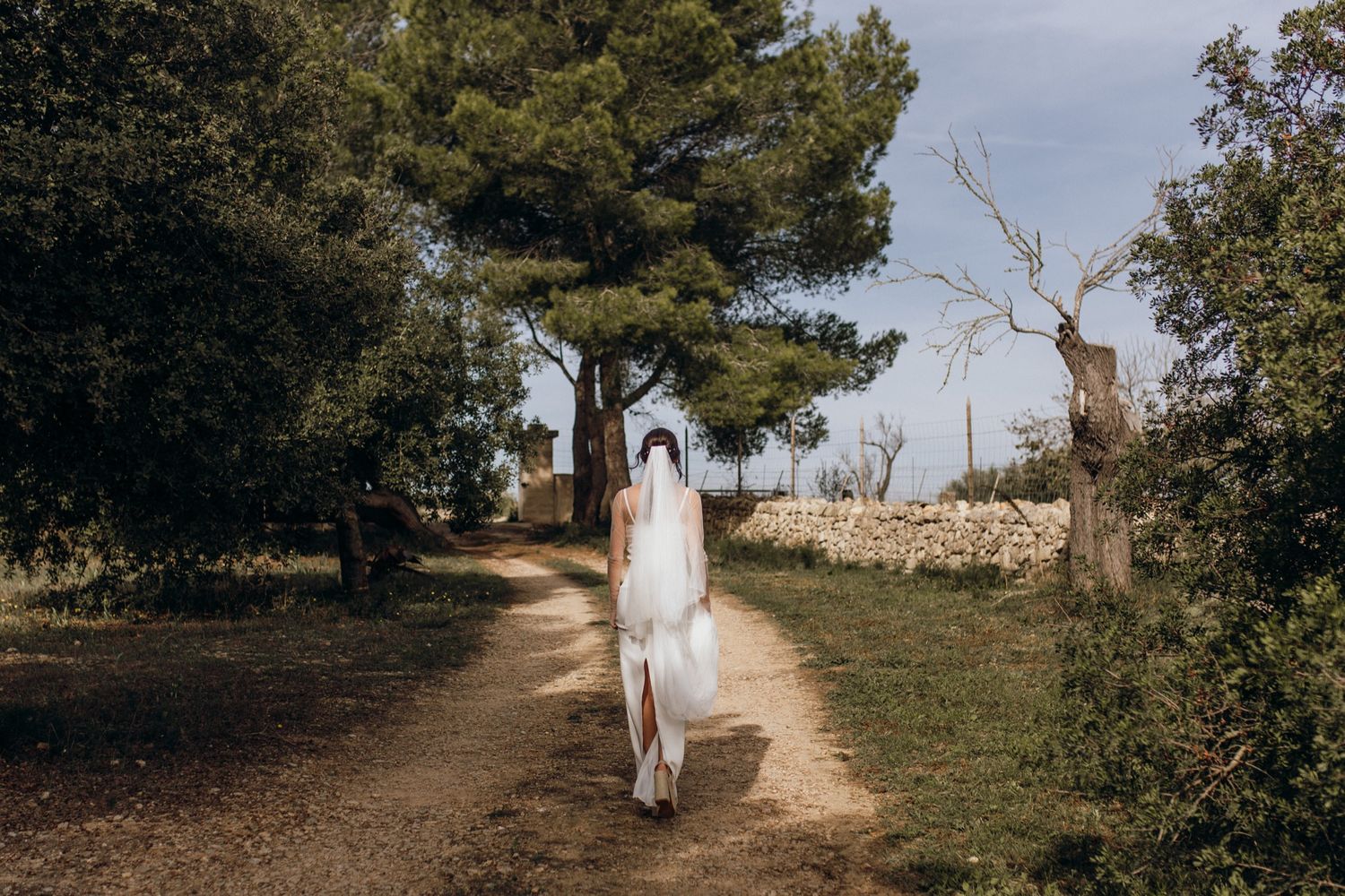A couple walks down a rustic dirt path lined with trees and stone walls on their wedding day.