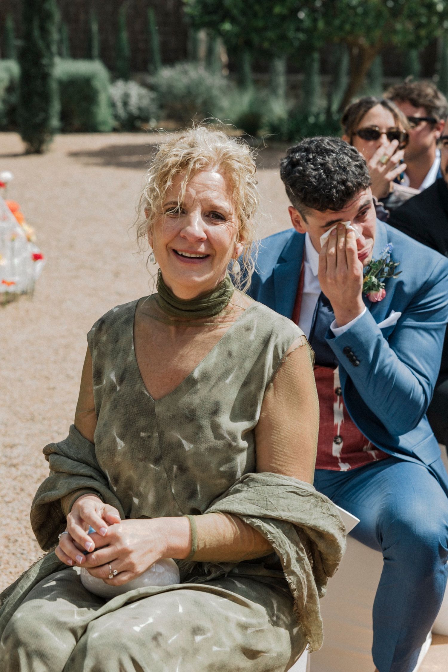A candid series of joyful moments at an outdoor gathering shows people laughing and enjoying themselves.
