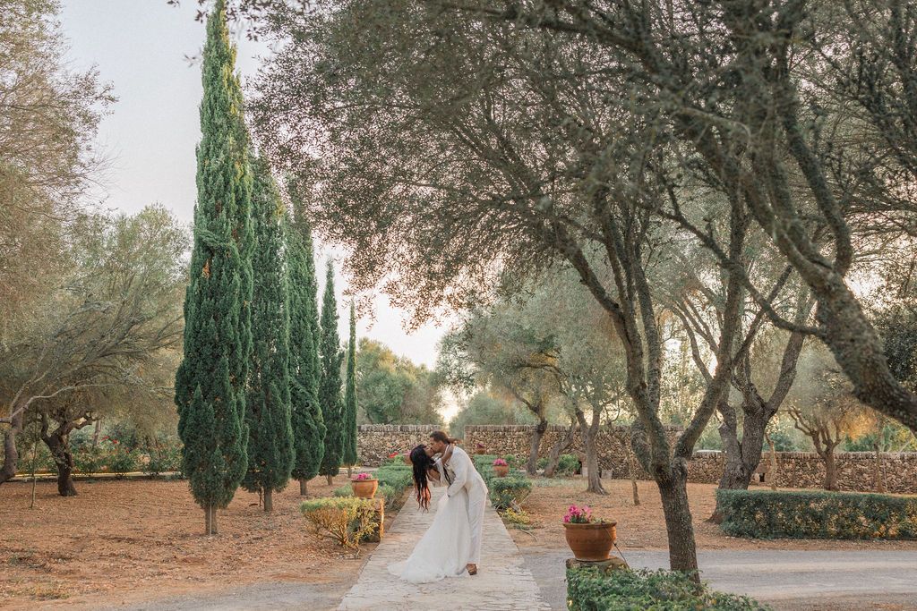 Scenic garden pathway lined with olive trees and cypress creating romantic ambiance.
