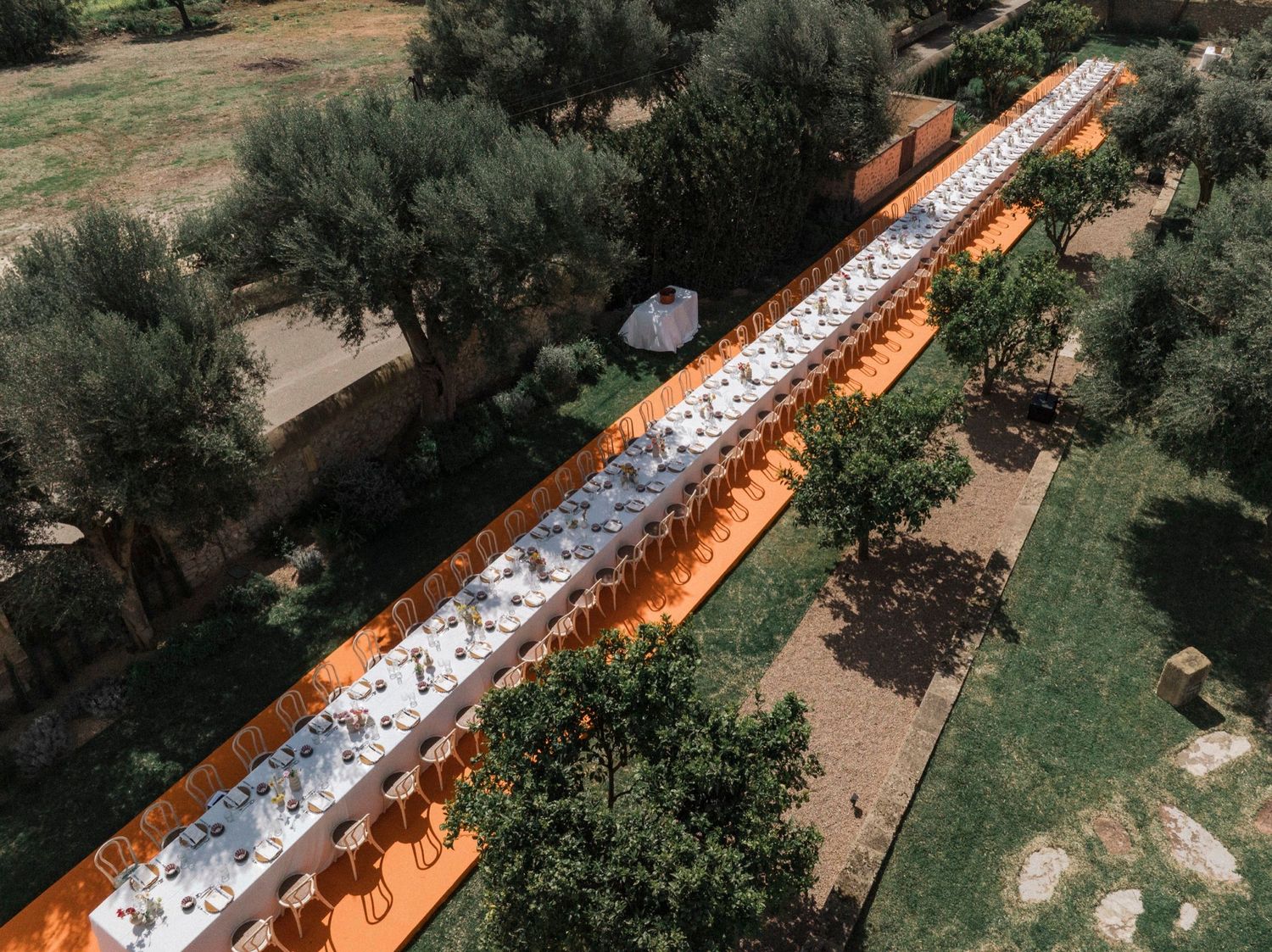 Aerial view of a long rustic wooden dining table set for an outdoor wedding reception among olive trees.