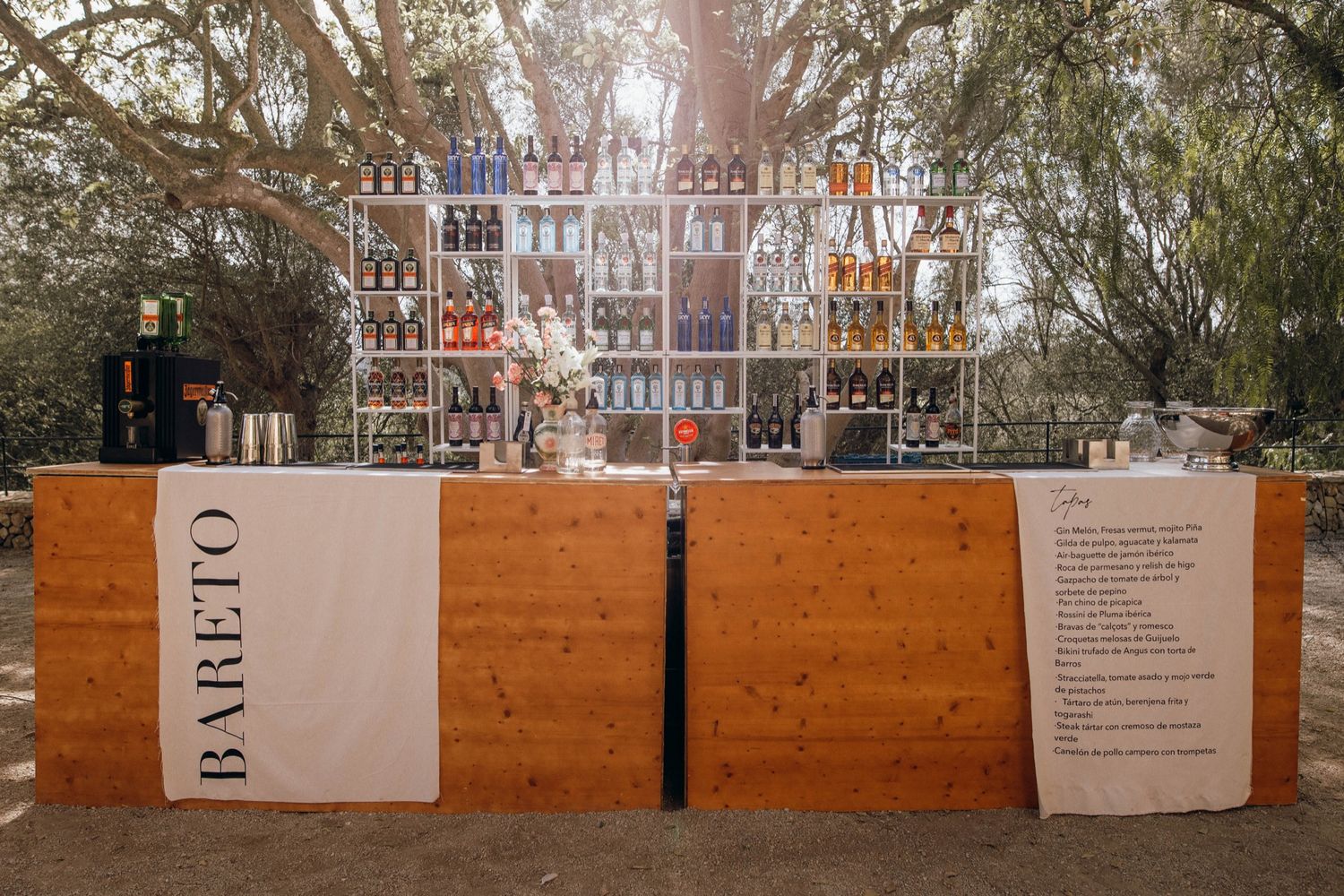 A series of wooden exhibition panels displaying text and information in an outdoor gallery setting.
