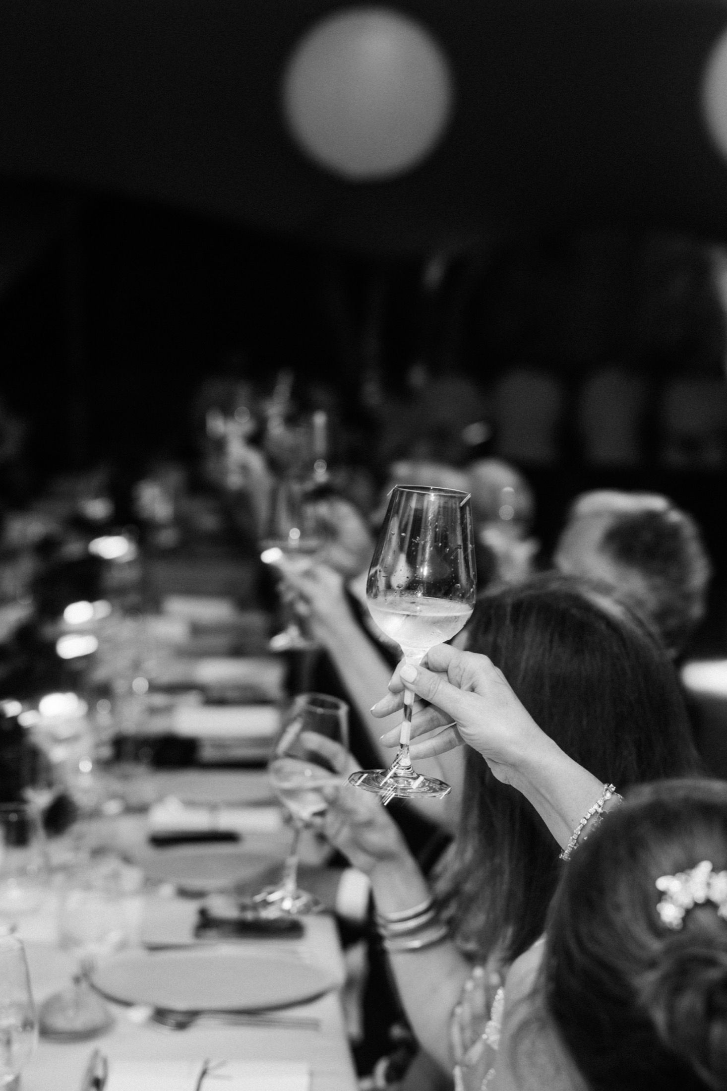 People raise wine glasses in a toast at a dimly lit dinner party with elegant table settings.