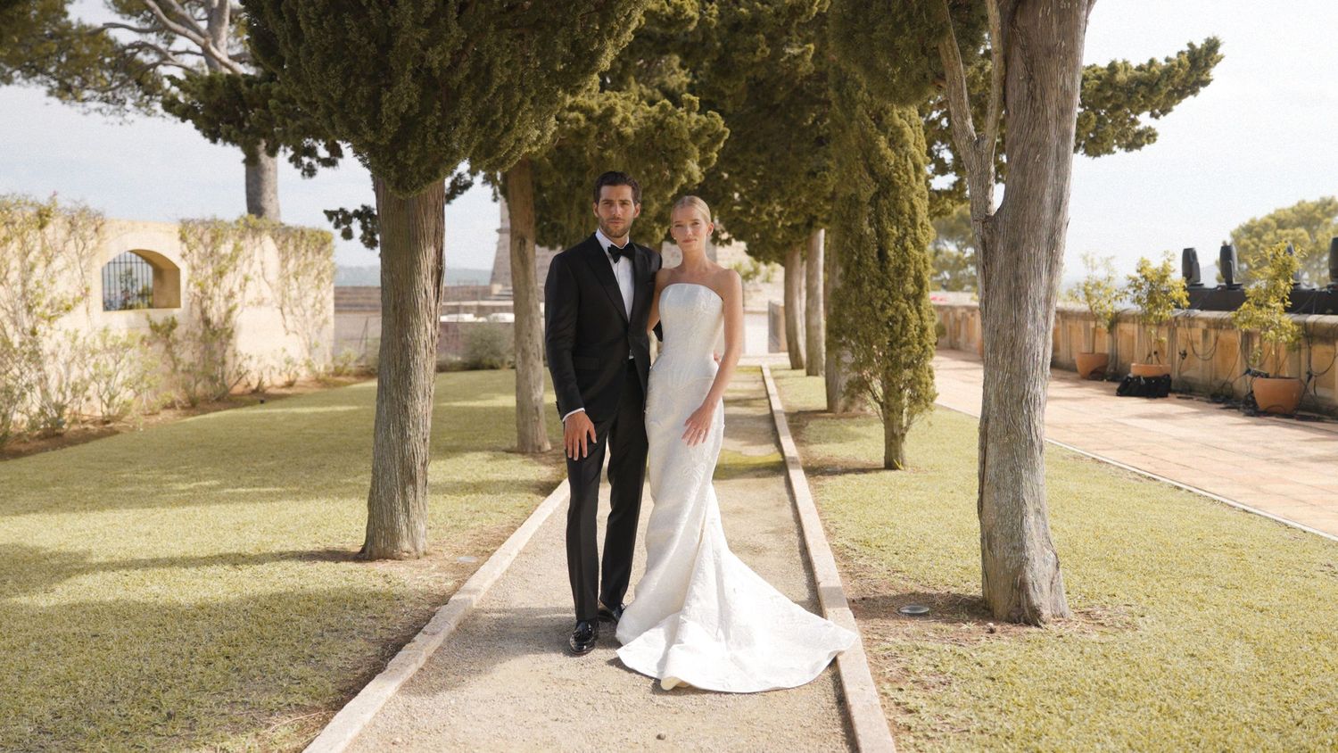 A panoramic collage of outdoor wedding photos showing couples walking through tree-lined paths in formal attire.