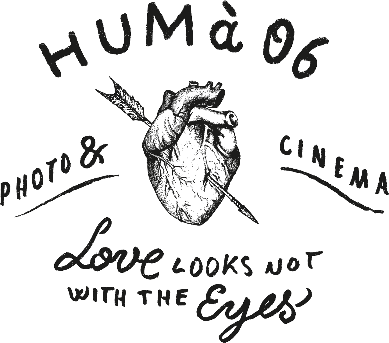 Hand-drawn illustrations of eyes, hearts, and text snippets create an artistic doodle composition in black ink.