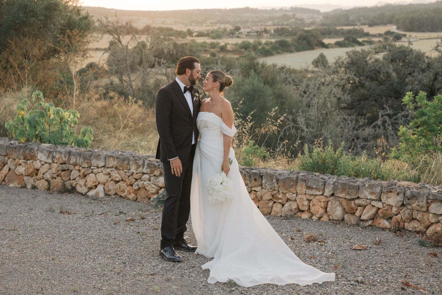 Wedding couple poses for intimate portraits against scenic rural landscape with stone walls.