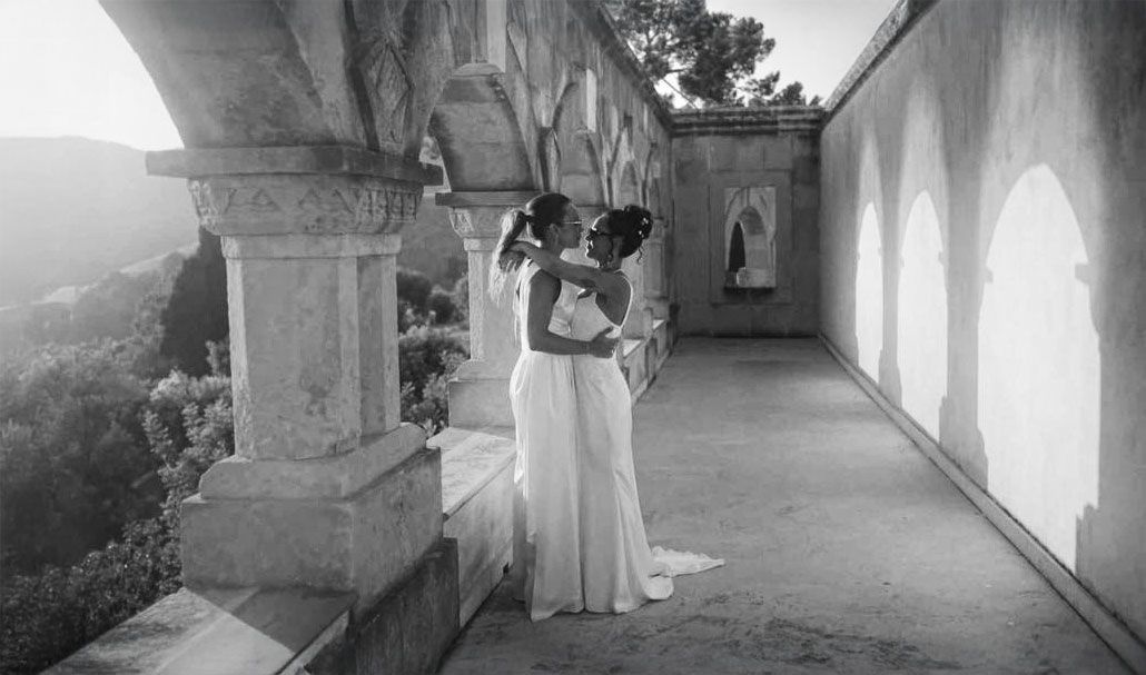 A series of black and white photographs showing arched hallways and architectural details in an old monastery or church.