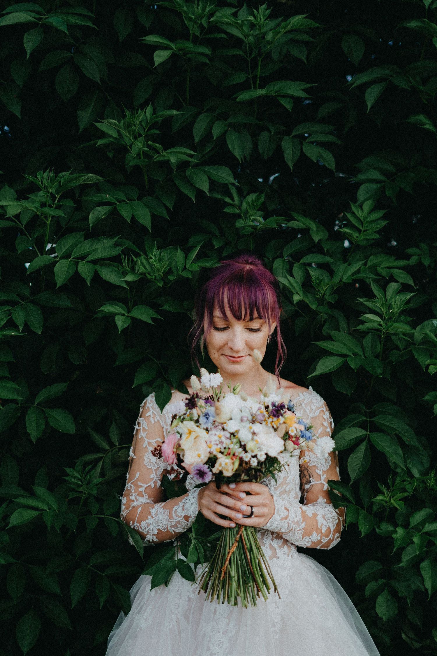 A series of close-up photos showing a bridal bouquet with mixed flowers and greenery against dark foliage.