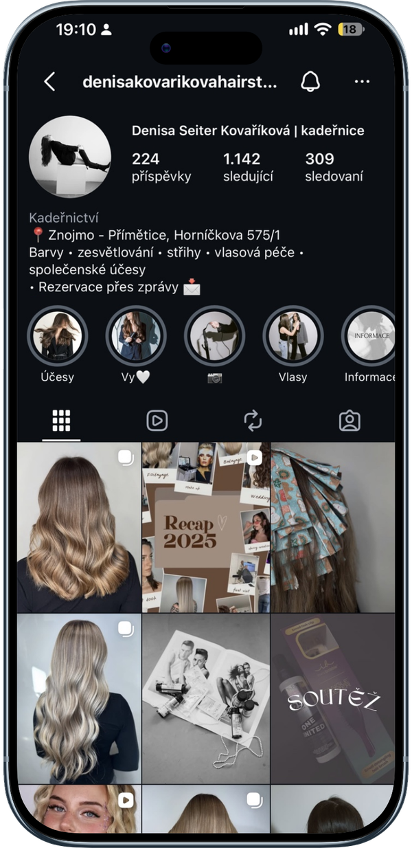 Smartphone showing an Instagram profile of a Czech hairstylist in Znojmo, with highlights and a grid of hair color and styling photos.