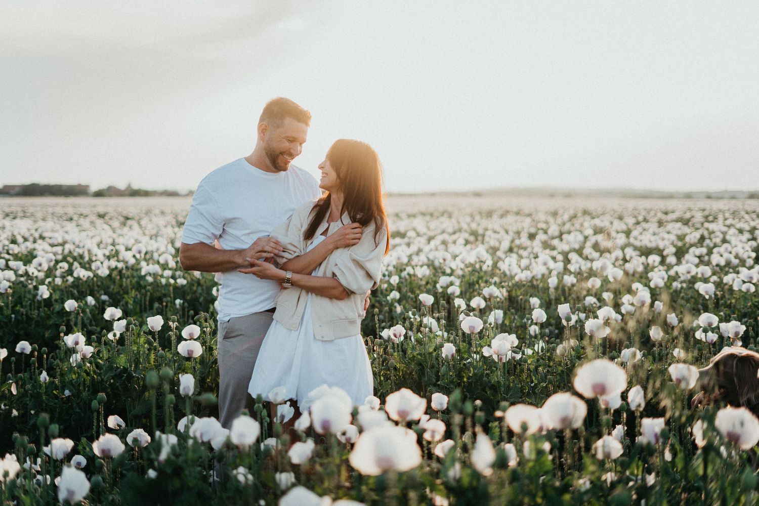 Couple embraces tenderly in a dreamy field of white tulips during sunset creating a romantic outdoor scene.