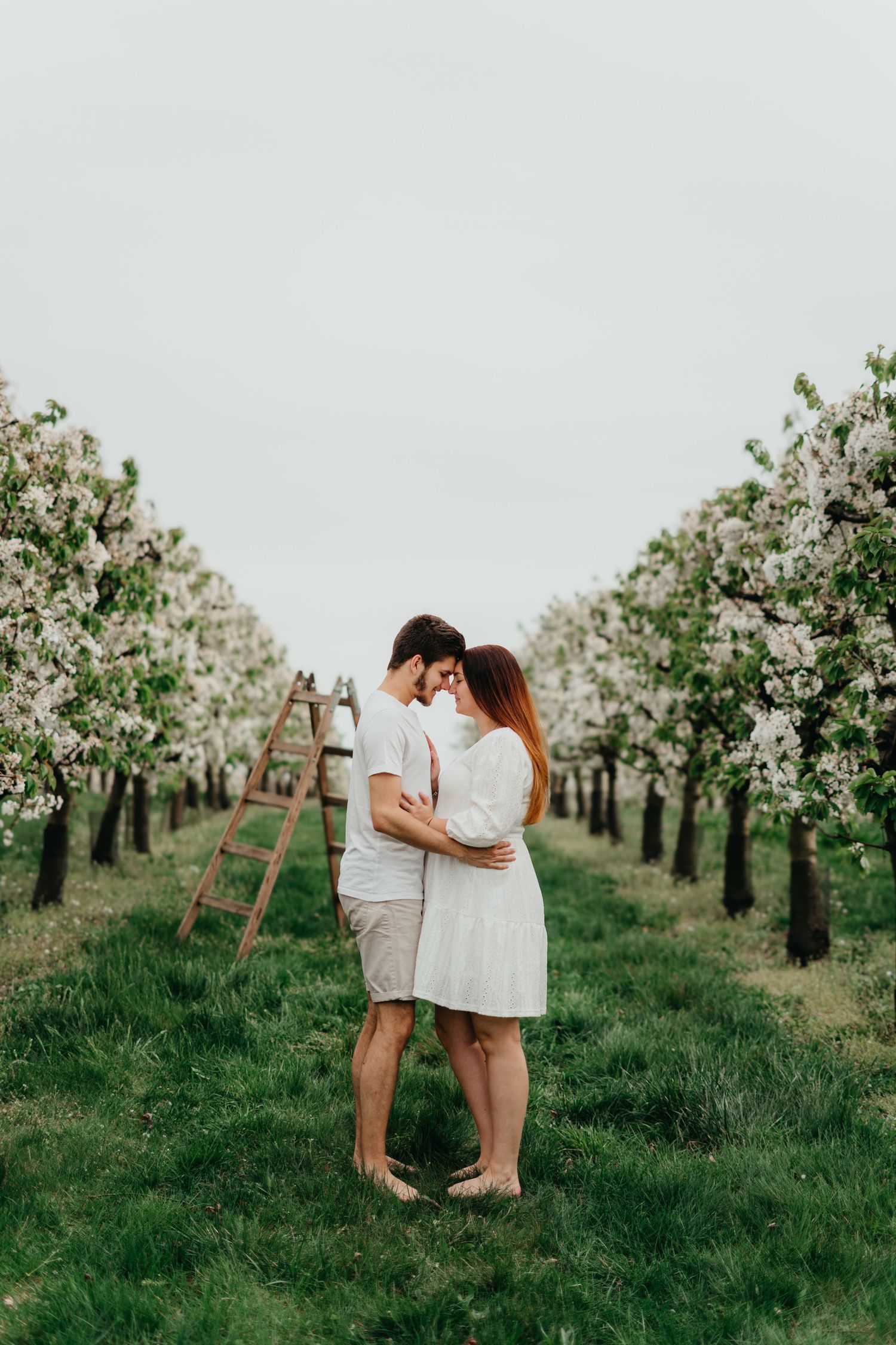 Romantic couple photoshoot in white outfits among blooming spring orchard trees.