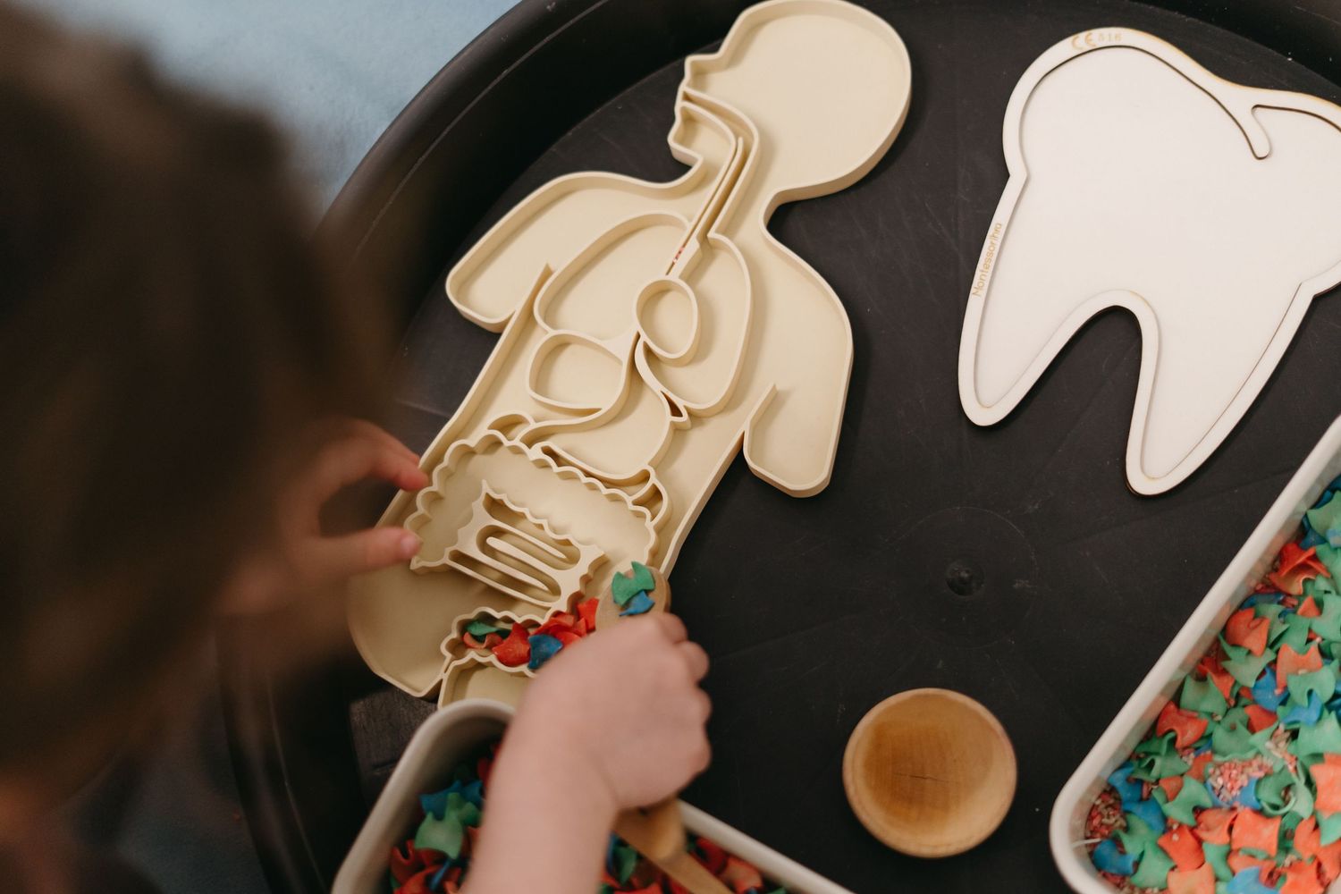 Child hands painting wooden anatomy figure on dark surface with scattered colorful beads and white tooth shape nearby.