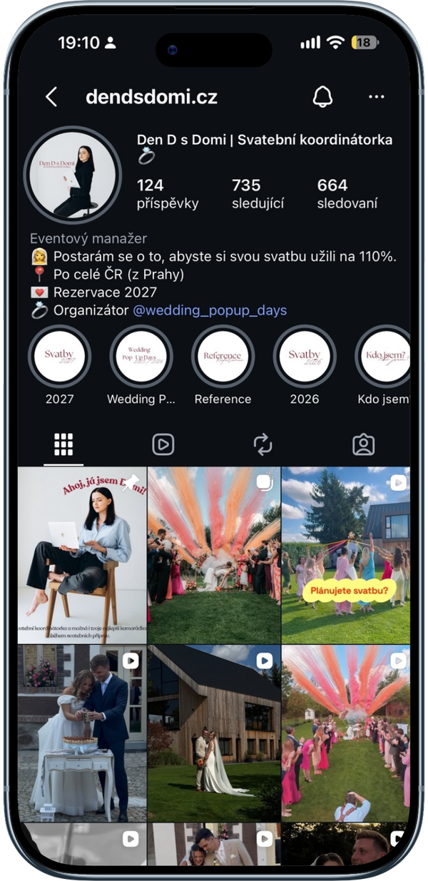 Instagram profile of Czech wedding coordinator dendsdomi.cz with highlights, bio and a grid of colorful outdoor wedding photos.