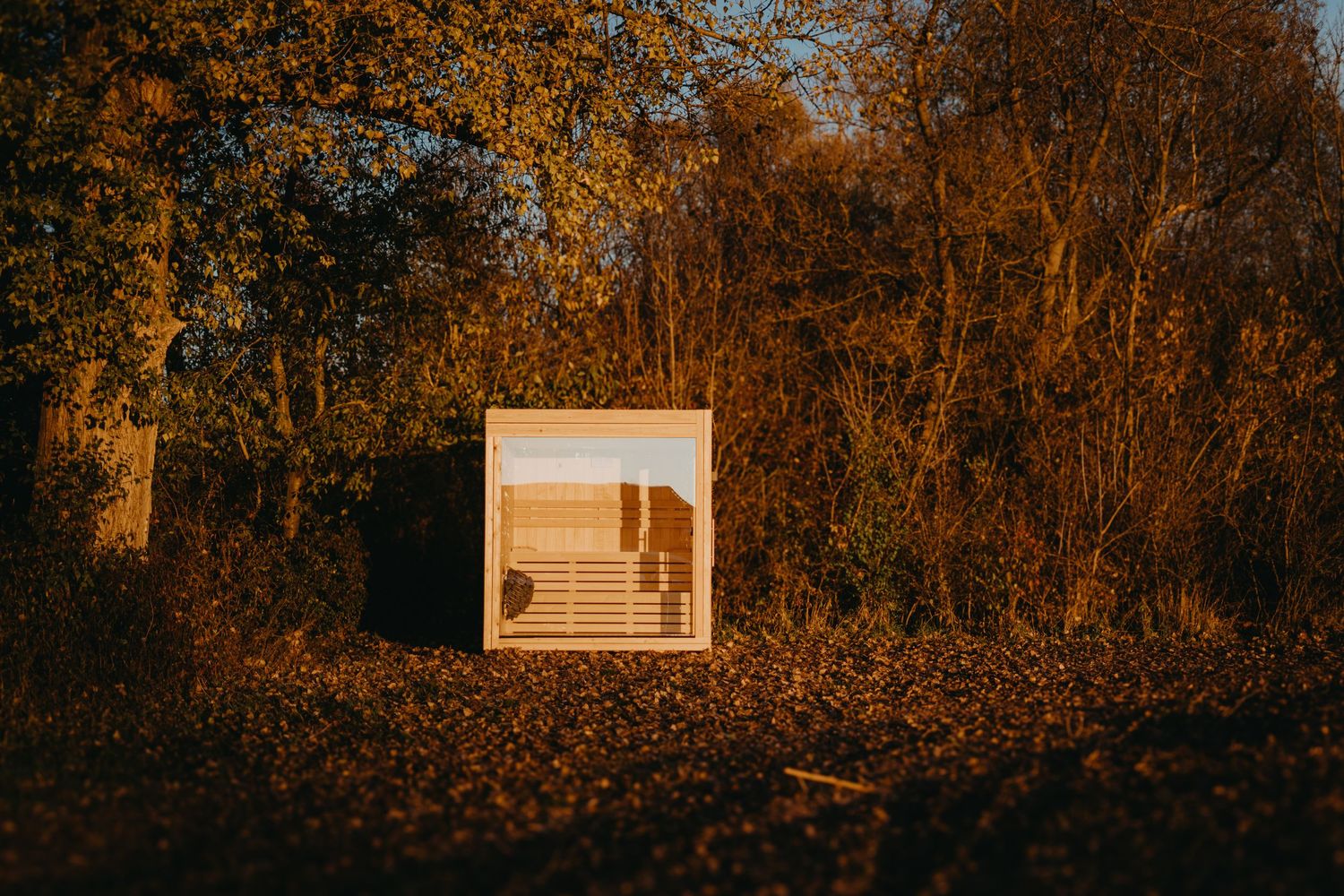 A minimalist wooden cube structure illuminated by warm sunset light sits nestled among autumn trees in a forest setting.