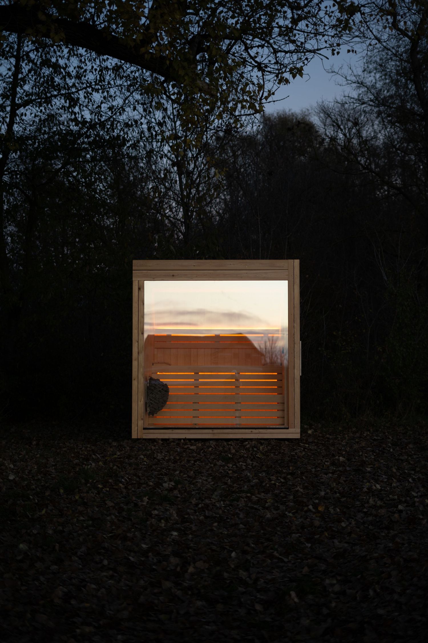 A series of glowing illuminated wooden sauna windows stand out against a dark wooded landscape at night.