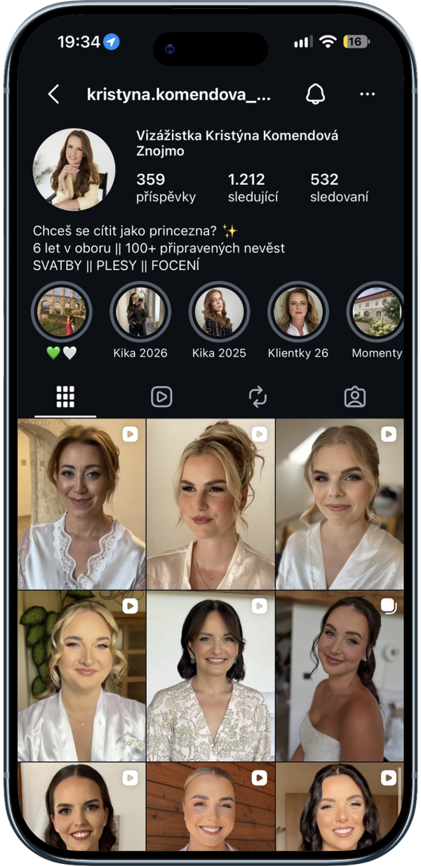 Instagram profile of a Znojmo makeup artist specializing in bridal looks, with highlights and a grid of smiling brides in white robes.