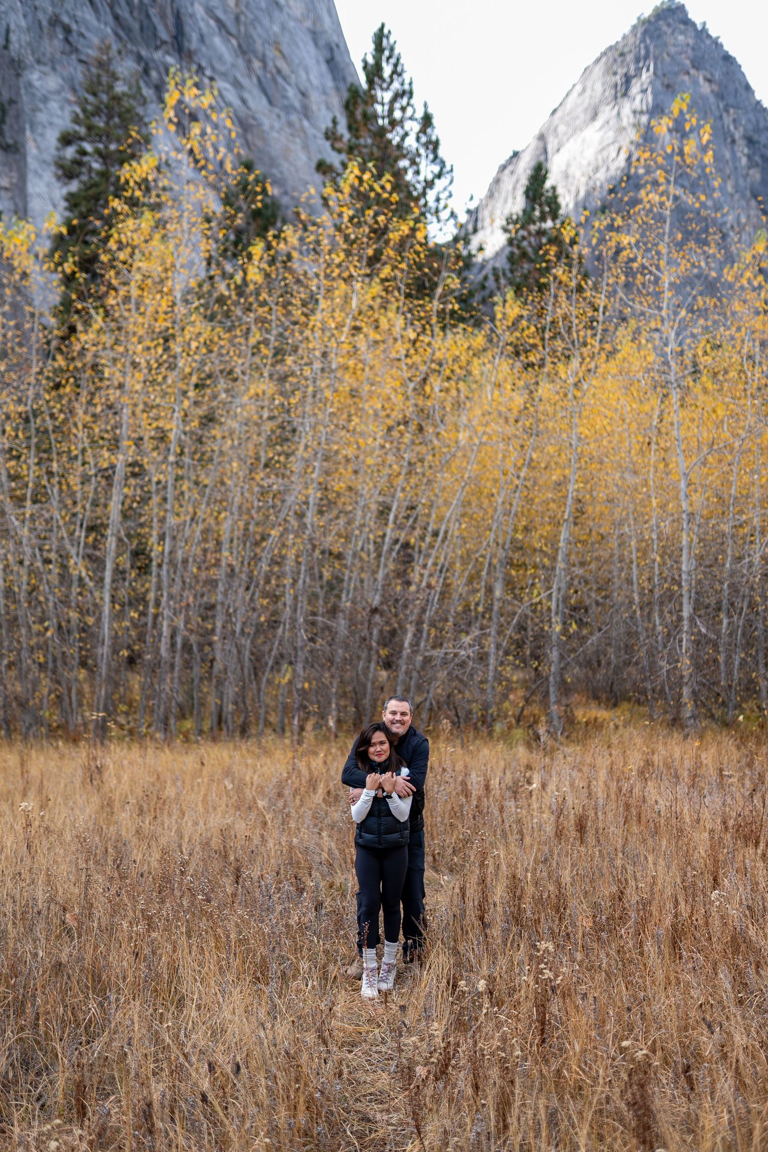 A couple embracing in a field of tall grass with dramatic mountain peaks in the background.