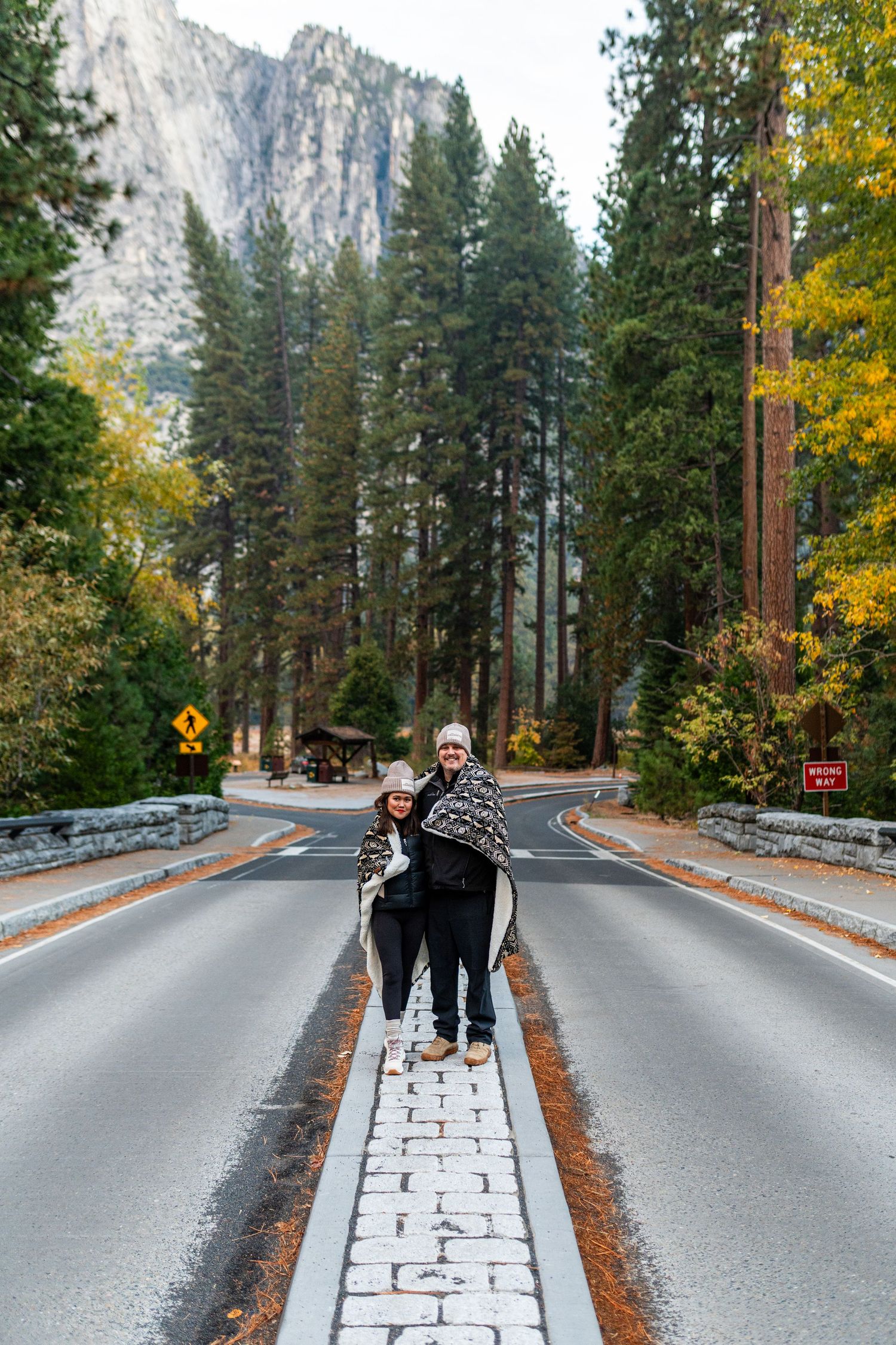 Multiple shots of a road in Yosemite National Park with mountains and autumn trees in the background.