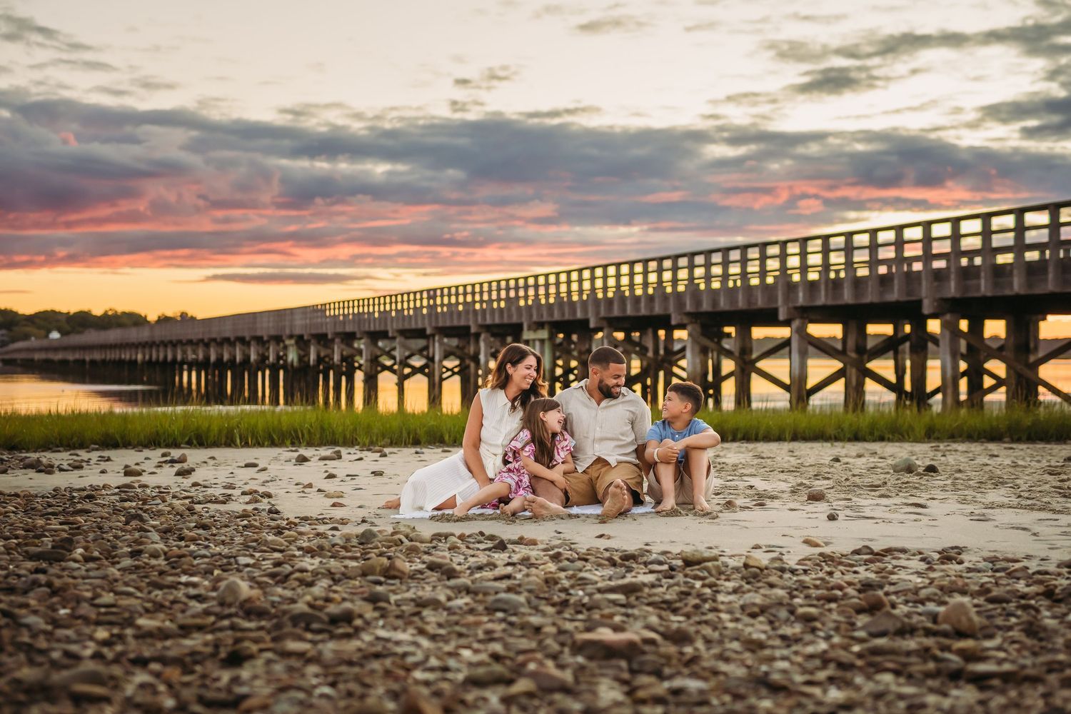 A series of scenic beach pier photographs at sunset with silhouettes and warm lighting across multiple frames.